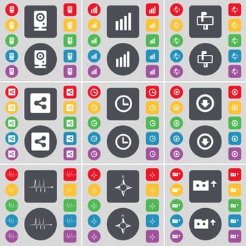 Speaker, Diagram, Mailbox, Share, Clock, Arrow down, Pulse, Compass, Cassette icon symbol. A large set of flat, colored buttons for your design. illustration