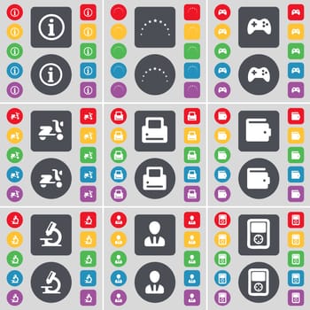 Information, Stars, Gamepad, Scooter, Printer, Wallet, Microscope, Avatar, Player icon symbol. A large set of flat, colored buttons for your design. illustration