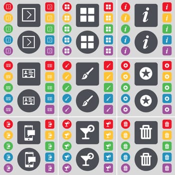 Arrow right, Apps, Information, Contact, Brush, Star, SMS, Cocktail, Trash can icon symbol. A large set of flat, colored buttons for your design. illustration