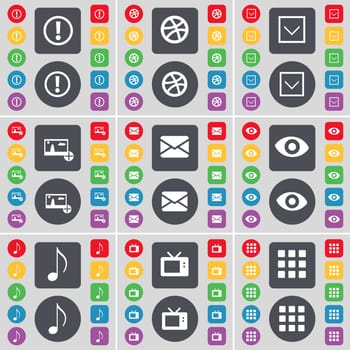 Information, Ball, Arrow down, Picture, Message, Vision, Note, Retro TV, Apps icon symbol. A large set of flat, colored buttons for your design. illustration