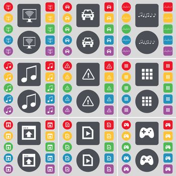 Monitor, Car, Notes, Warning, Apps, Window, Media file, Gamepad icon symbol. A large set of flat, colored buttons for your design. illustration