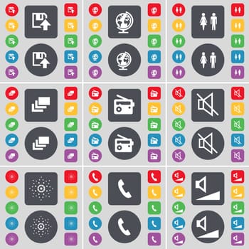 Floppy, Globe, Silhouette, Gallery, Radio, Mute, Star, Receiver, Volume icon symbol. A large set of flat, colored buttons for your design. illustration