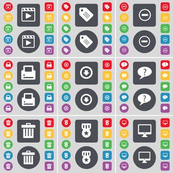Media player, Tag, Minus, Printer, Arrow down, Chat bubble, Trash can, Medal, Monitor icon symbol. A large set of flat, colored buttons for your design. illustration