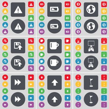 Warning, Battery, Earth, Floppy, Cup, Game console, Rewind, Arrow up, Golf hole icon symbol. A large set of flat, colored buttons for your design. illustration