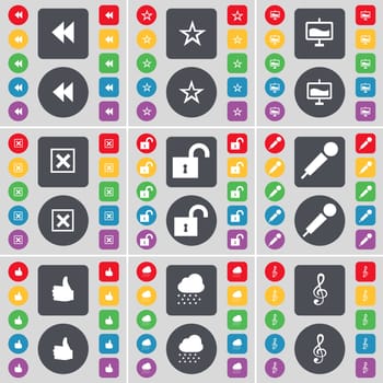 Rewind, Star, Graph, Stop, Lock, Microphone, LIke, Cloud, Clef icon symbol. A large set of flat, colored buttons for your design. illustration