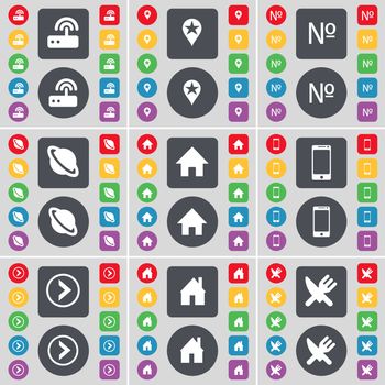 Router, Checkpoint, Number, Planet, House, Smartphone, Arrow right, House, Fork and knife icon symbol. A large set of flat, colored buttons for your design. illustration