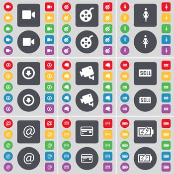 Film camera, Videotape, Silhouette, Arrow down, CCTV, Sell, Mail, Credit card, Charging icon symbol. A large set of flat, colored buttons for your design. illustration