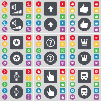 Volume, Arrow up, Like, Star, Question mark, Crown, Wrist watch, Hand, Truck icon symbol. A large set of flat, colored buttons for your design. illustration