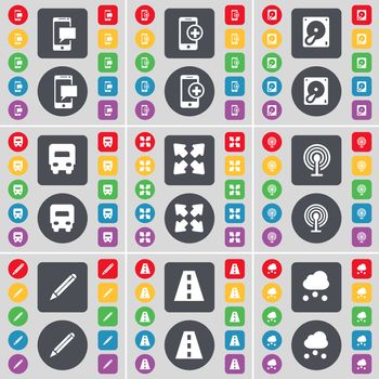 SMS, Smartphone, Hard drive, Truck, Full screen, Wi-Fi, Pencil, Road, Cloud icon symbol. A large set of flat, colored buttons for your design. illustration