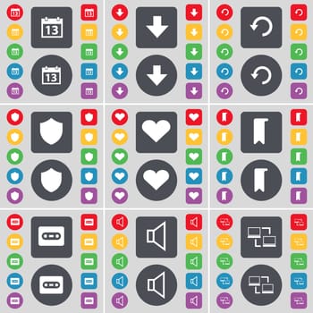 Calendar, Arrow down, Reload, Badge, Heart, Marker, Cassette, Sound, Connection icon symbol. A large set of flat, colored buttons for your design. illustration