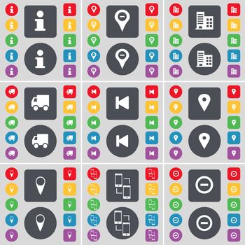 Information, Checkpoint, Building, Truck, Media skip, Checkpoint, Connection, Minus icon symbol. A large set of flat, colored buttons for your design. illustration