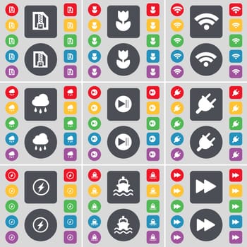 ZIP file, Flower, Wi-Fi, Cloud, Media skip, Socket, Flash, Ship, Rewind icon symbol. A large set of flat, colored buttons for your design. illustration