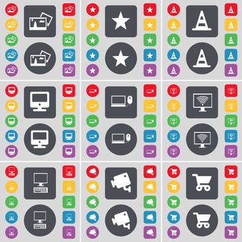 Picture, Star, Cone, Monitor, Laptop, PC, CCTV, Shopping cart icon symbol. A large set of flat, colored buttons for your design. illustration
