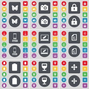 Butterfly, Camera, Lock, Smartphone, Laptop, Text file, Battery, Wineglass, Moving icon symbol. A large set of flat, colored buttons for your design. illustration