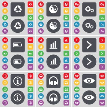 Recycling, Yin-Yang, Gear, Battery, Diagram, Arrow right, Information, Headphones, Vision icon symbol. A large set of flat, colored buttons for your design. illustration