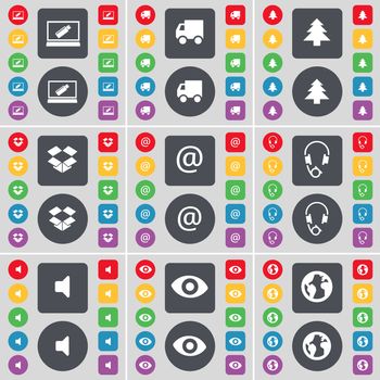 Laptop, Truck, Firtree, Dropbox, Mail, Headphones, Sound, Vision, Earth icon symbol. A large set of flat, colored buttons for your design. illustration