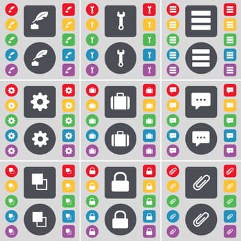 Ink pen, Wrench, Apps, Gear, Suitcase, Chat bubblle, Coopy, Lock, Clip icon symbol. A large set of flat, colored buttons for your design. illustration