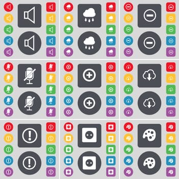 Sound, Cloud, Minus, Microphone, Plus, Cloud, Exclamation mark, Socket, Palette icon symbol. A large set of flat, colored buttons for your design. illustration
