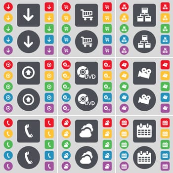 Arrow down, Shopping cart, Network, Arrow up, DVD, Film camera, Receiver, Cloud, Calendar icon symbol. A large set of flat, colored buttons for your design. illustration