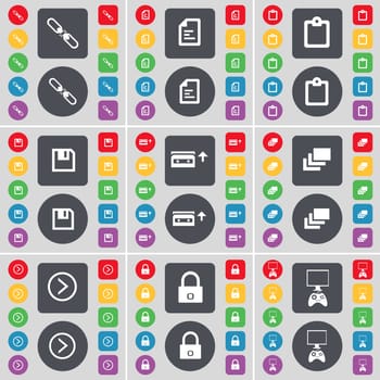 Link, Text file, Survey, Floppy, Cassette, Gallery, Arrow right, Lock, Game console icon symbol. A large set of flat, colored buttons for your design. illustration