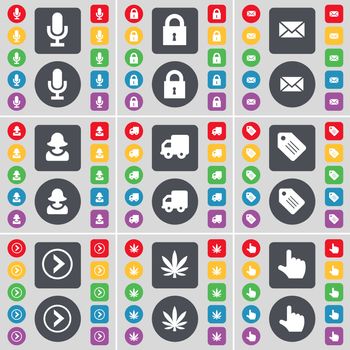 Microphone, Lock, Message, Avatar, Truck, Tag, Arrow right, Marijuana, Hand icon symbol. A large set of flat, colored buttons for your design. illustration