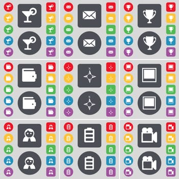 Cocktail, Message, Cup, Wallet, Compass, Window, Avatar, Battery, Film camera icon symbol. A large set of flat, colored buttons for your design. illustration