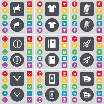 Megaphone, T-Shirt, Microphone, Information, Notebook, Rocket,, Arrow down, Smartphone, Film camera icon symbol. A large set of flat, colored buttons for your design. illustration