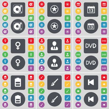 Gramophone, Star, Calendar, Venus symbol, Avatar, DVD, Battery, Brush, Media skip icon symbol. A large set of flat, colored buttons for your design. illustration