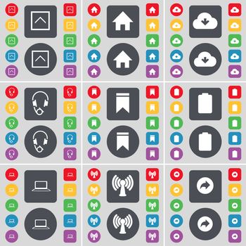 Arrow up, House, Cloud, Headphones, Marker, Battery, Laptop, Wi-Fi, Back icon symbol. A large set of flat, colored buttons for your design. illustration