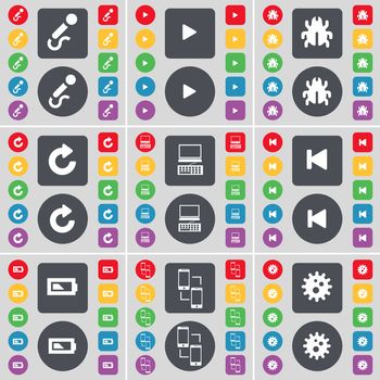 Microphone, Media play, Bug, Reload, Laptop, Media skip, Battery, Connection, Gear icon symbol. A large set of flat, colored buttons for your design. illustration