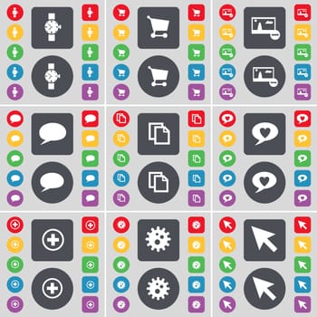 Wrist watch, Shopping cart, Picture, Chat bubble, File, Heart, Plus, Gear, Cursor icon symbol. A large set of flat, colored buttons for your design. illustration