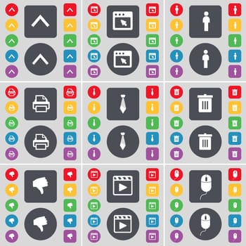 Arrow up, Window, Silhouette, Printer, Tie, Trash can, Dislike, Media player, Mouse icon symbol. A large set of flat, colored buttons for your design. illustration