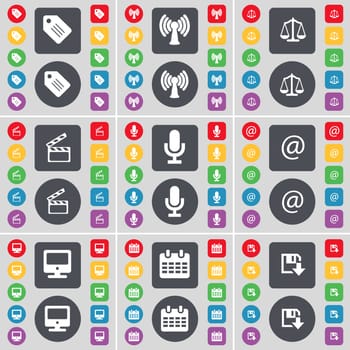Tag, Wi-Fi, Scales, Clapper, Microphone, Mail, Monitor, Calendar, Floppy icon symbol. A large set of flat, colored buttons for your design. illustration