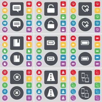 Chat bubble, Lock, Heart, Dictionary, Battery, Stop, Road, Connection icon symbol. A large set of flat, colored buttons for your design. illustration