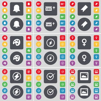 Notification, Cassette, Marker, Palette, Flash, Venus symbol, Tick, Window icon symbol. A large set of flat, colored buttons for your design. illustration