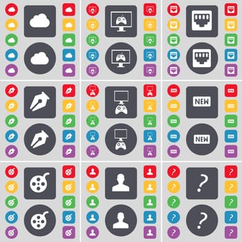 Cloud, Monitor, Socket, Ink pen, Gamepad, New, Videotape, Avatar, Question mark icon symbol. A large set of flat, colored buttons for your design. illustration