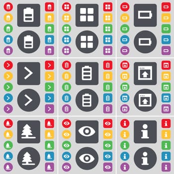 Battery, Apps, Battery, Arrow right, Window, Firtree, Vision, Information icon symbol. A large set of flat, colored buttons for your design. illustration