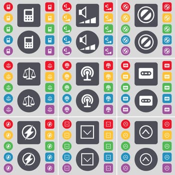 Mobile phone, Volume, Stop, Scales, Wi-Fi, Cassette, Flash, Arrow down, Arrow up icon symbol. A large set of flat, colored buttons for your design. illustration