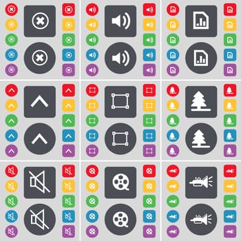 Stop, Sound, Graph file, Arrow up, Frame, Firtree, Mute, Videotape, Trumped icon symbol. A large set of flat, colored buttons for your design. illustration