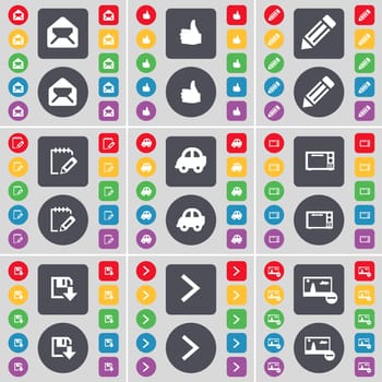 Message, Like, Pencil, Notebook, Car, Microwave, Floppy, Arrow right, Picture icon symbol. A large set of flat, colored buttons for your design. illustration