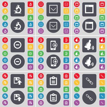 Microscope, Arrow down, Window, Minus, Smartphone, Bell, Floppy, Suvey, Link icon symbol. A large set of flat, colored buttons for your design. illustration