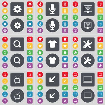 Gear, Microphone, Monitor, Magnifying glass, T-Shirt, Wrench, Retro TV, Deploying screen, Laptop icon symbol. A large set of flat, colored buttons for your design. illustration