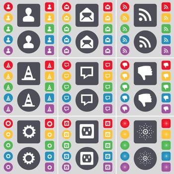 Avatar, Message, RSS, Cone, Chat bubble, Dislike, Gear, Socket, Star icon symbol. A large set of flat, colored buttons for your design. illustration