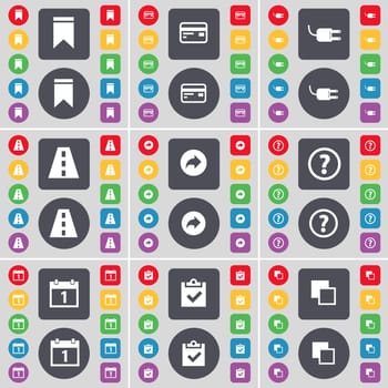 Marker, Credit, Socket, Road, Back, Question mark, Calendar, Survey, Copy icon symbol. A large set of flat, colored buttons for your design. illustration