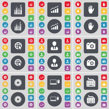Graph, Hand, Web cursor, Avatar, Camera, Lens, Laptop, Keyboard icon symbol. A large set of flat, colored buttons for your design. illustration