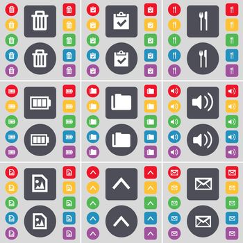 Trash can, Survey, Fork and knife, Battery, Folder, Sound, Media file, Arrow up, Message icon symbol. A large set of flat, colored buttons for your design. illustration