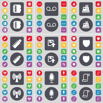 Notebook, Cassette, Cash register, USB, Floppy, Badge, Wi-Fi, Microphone, Scroll icon symbol. A large set of flat, colored buttons for your design. illustration