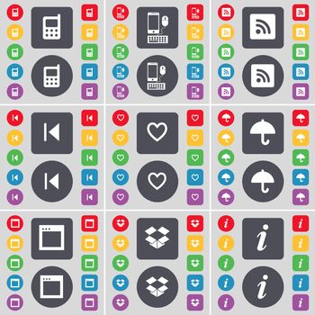 Mobile phone, Smartphone, RSS, Media skip, Heart, Umbrella, Window, Box, Information icon symbol. A large set of flat, colored buttons for your design. illustration