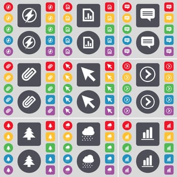 Flash, Diagram, Chat bubble, Clip, Cursor, Arrow right, Firtree, Cloud, Diagram icon symbol. A large set of flat, colored buttons for your design. illustration