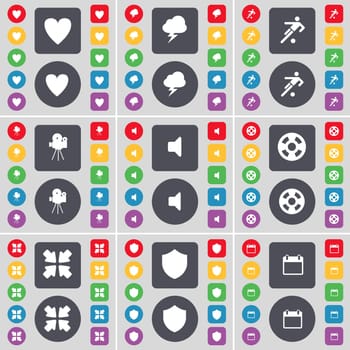Heart, Lightning, Football, Film camera, Sound, Videotape, Deploying screen, Badge, Calendar icon symbol. A large set of flat, colored buttons for your design. illustration